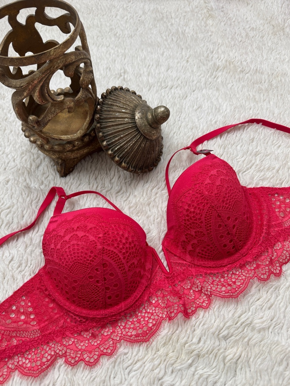 La SENZA Coral Red Lace Longline Push-Up V Front Bra